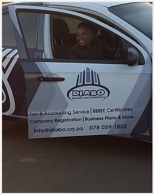 Diabo Advisory and Consultancy branded vehicle with a team member